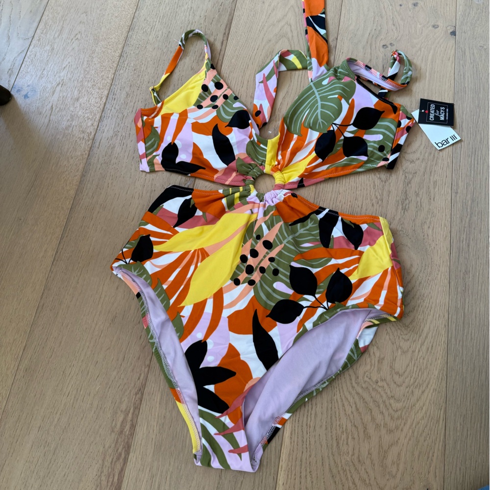 Bar III Orange and Yellow One Piece tropical Swimsuit with Plunging Neckline L